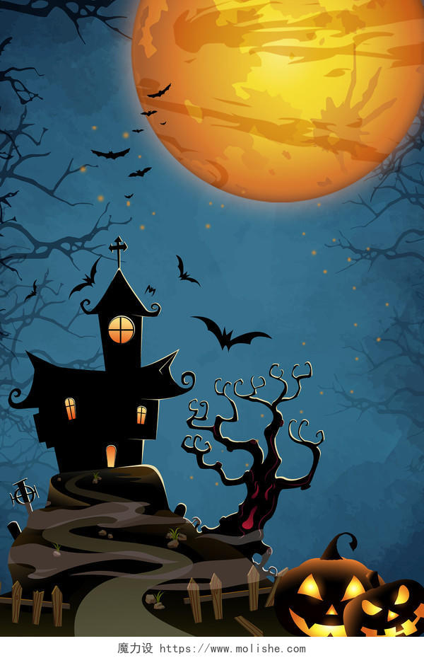 卡通万圣节鬼屋月亮森林黑夜海报背景